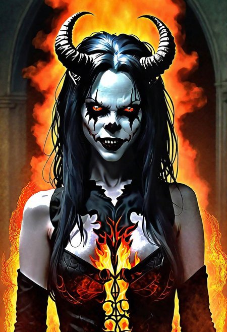 DarkFantasy, dark fantasy, (anime style), portrait, a demonic succubus with a psychotic joker face, (((folds on forehead))) , ((fire bacground))