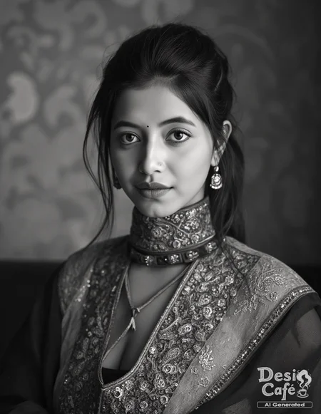 vintage greyscale photo of Alisha Parveen woman, hyper realistic photo that is safe for work,  studio quality image, well dressed wearing intricate turtleneckMekhela Chador (Assamese traditional attire), hair styled as messy hair,muted shaded wallpaper background that contrasts with the person, cinematic lighting,âââââ <lora:Alisha_Parveen_Flux_Kohya_V1:1>âââ