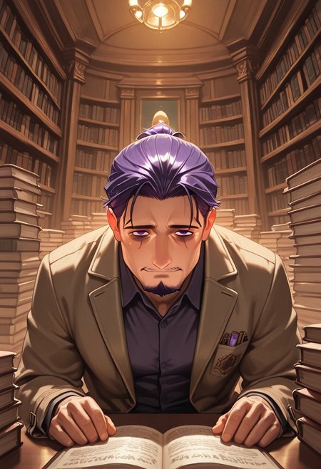 1boy, mbti_intp, mature man, purple eyes, droopy eyes, eye bags, tied hair, goatee, sitting in a vintage library, surrounded by stacks of books, wearing a tweed jacket, reading a weathered tome, a slight, knowing smile, warm lamplight, rich wood tones, scholarly atmosphere, aesthetically pleasing details