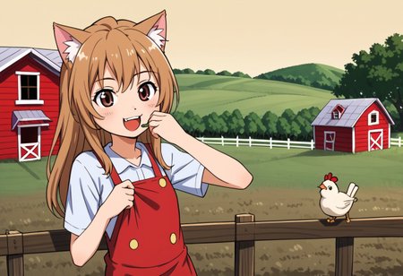 Aisaka_Taiga, 1girl, solo, flat chest, brown_eyes, catgirl, female, farm, field, farmer, wooden house, happy, working, work clothes, chickens, feeding