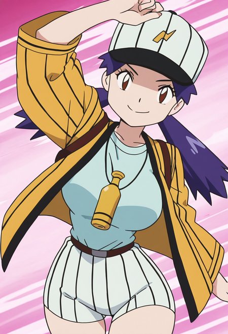 masterpiece, best quality, solo, curvy, beautiful eyes, aged up, large breasts, narrow waist, wide hips, 1girl, solo, smile, looking at viewer, zzCasey, brown eyes, blue hair, twintails,   baseball cap, yellow jacket, open jacket, stripes, wide sleeves, white shorts, striped shorts  <lora:CaseyBaseballBeauty_IXL:1.0>, over-the-top expression, exaggerated pose, dynamic, cowboy shot, looking at viewer,