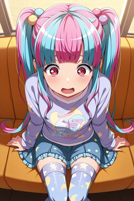masterpiece, best quality, amazing quality,
 <lora:PAREO_IL:1> pareo, 1girl, solo, long hair, skirt, thighhighs, twintails, star print, pink hair, open mouth, multicolored hair, print shirt, hair bobbles, bangs, two-tone hair, sitting, hair ornament, casual