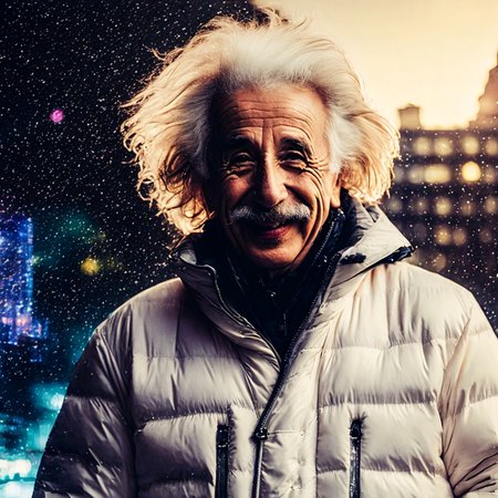 photo of the albert einstein in white puffer jacket, (laughing:0.7), posing, look at a camera,  complex city background, backlit, (cinematic:1.5), epic realistic, hyperdetailed, insane details, intricate details, accent lighting, soft volumetric light, bokeh, (dramatic light:1.2), (neutral colors:1.3), cross process, full body shot, fullbodyshot