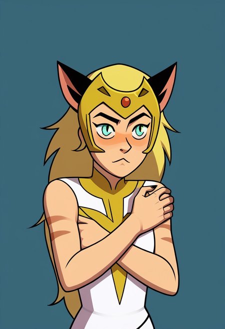((flat colour, solo,)) CHShRa, RAOutfit, upper body shot BREAK size difference CHCatra, CATBig Hair, hugging body, looking up at other figure, CASleeveless Outfit, CAHead Ornament,
