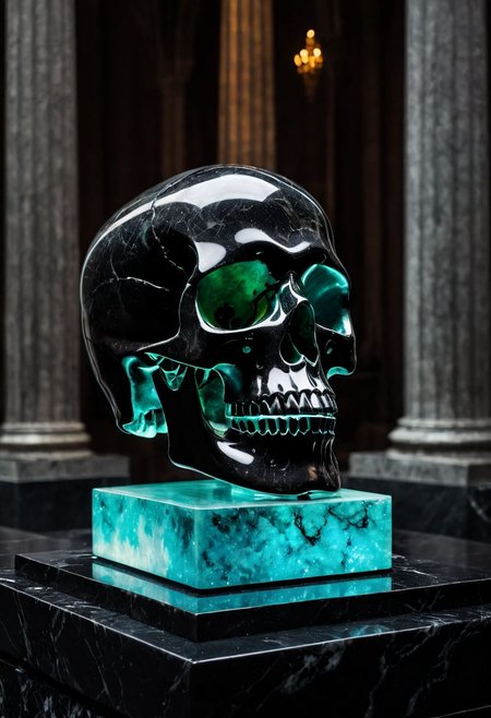 Fujifilm XT3, Sony A7 IV, (award winning photography) a (black: 0.79) marble skull made of opal set on a pedestal in temple, glistening. in the background beautiful pillars, divine (iridescent: 0.79), opalescent textures, volumetric light, ethereal, sparkling, studio photo, highly detailed, sharp focus (highest quality: 1.39) (highest coherency: 1.39) (award winning photography), highly detailed photography, (muted colors, cinematic, dim colors, soothing tones:1.2), vibrant, insanely detailed, hyperdetailed, (dark shot:1.2), (vsco:0.3), (intricate details:0.9), (hdr, hyperdetailed:1.2) (vignette), sss