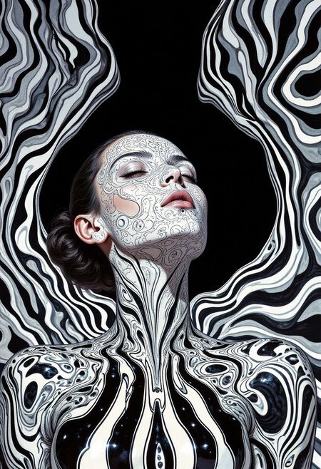 This high-resolution digital artwork merges optical illusion with surreal abstraction, superimposing a striking female head and shoulders at the center of a mesmerizing op-art background. The subject’s face and neck are covered in swirling, marble-like patterns in black, white, and shades of gray, accented by subtle hints of color that evoke fluid, liquid textures. These intricate patterns flow seamlessly into the undulating, alternating black-and-white wavy stripes of the background, creating a harmonious yet disorienting visual effect. The stripes radiate outward in a zigzag pattern from a central black void behind the subject, emphasizing depth and movement. The figure's closed eyes and serene expression add a contemplative stillness amidst the dynamic setting, while the patterns on the face mirror the fluidity of the background, blending the subject and environment into an abstract unity. The sharp, crisp digital rendering of the stripes contrasts with the smooth, marbleized textures of the subject, creating a compelling interplay of precision and organic flow. The overall composition is modern and minimalistic, focusing on the juxtaposition of the human form with the hypnotic optical illusion, drawing the viewer into a surreal, infinite expanse of abstract beauty.