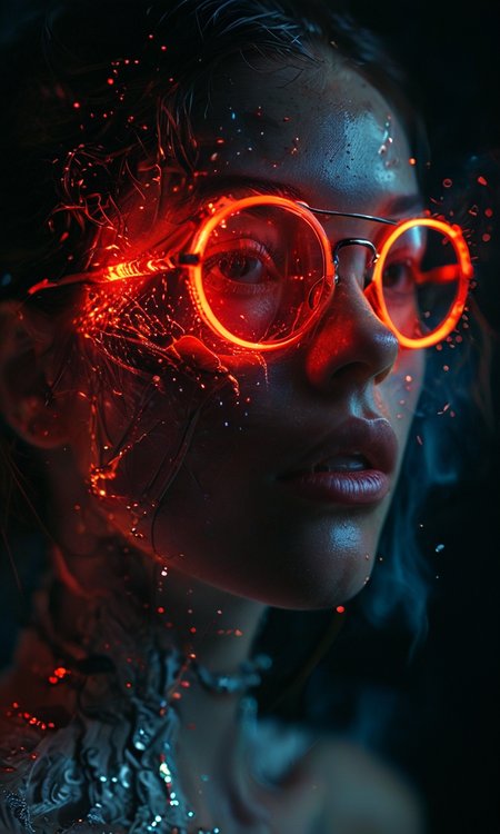 Dive into a monthly visual feast of images, prompts, and processes. Join me on this journey at the cutting edge of AI art, fashion, and photography,  masterpiece, fantasy, digital art, highly detailed, overall detail, atmospheric lighting, Awash in a haze of light leaks reminiscent of film photography, awesome background, highly detailed styling, studio photo, intricate details, highly detailed, cinematic, <lora:MJ52:0.6>,  <lora:add-detail-xl:0.6>,  <lora:glowneon_xl_v1:0.5> glowneon, glowing, sparks,  <lora:43stl1ght1ngXLP2:1> 43stl1ght1ng, low light, dramatic lighting, darkness,  || eye lighting,  || smoke, || water, || neon, || spotlight, || red light, || window lighting, || glasses, || reflection,