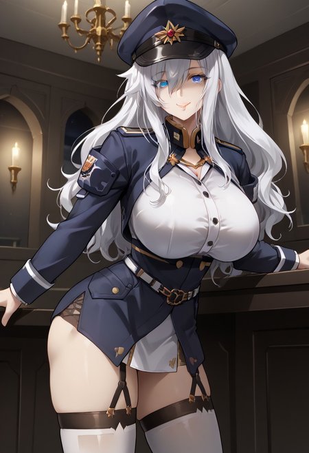 score_9, score_8_up, score_7_up, 1girl, sylwia krzasinska, source_anime, solo, anime screencap, anime coloring, zPDXLxxx, Expressiveh, white hair, wavy hair, long hair, blue eyes, hair over one eye, one eye covered by hair, perfect lips, vibrant eye color, expressive eyes, ultra-feminine, ultra-detailed face, ultra-detailed skin, lustrous ultra-detailed hair, (extreme hourglass figure: 1.5), ultra-slim proportions, (feminine muscles: 1.1), (long breasts, perfectly round breasts, huge breasts: 1.5), ultra-narrow waist, ultra-flared hips:, perfectly round ass, (ultra-jutting ass, shapely ass: 1.2), perfect butt crack, (thin tighs, ultra-fit figure, long legs: 1.5), bursting breasts, ultra-jutting breasts, ultra-pointy breasts,  blue headwear, blue jacket, blue skirt, hat, jacket, military, military hat, military uniform, peaked cap, shirt, skirt, thighhighs, uniform, white shirt, white thighhighs, indoors, detailed background, military base, sci-fi base, steel grey walls, alert lights, staring at viewer, leaning forward, breasts focus, evil smile, sexually suggestive, horny