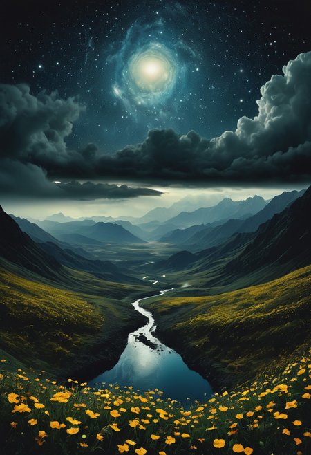 Vast (dark space:1.3) filled with (glowing small star:1.2), POV from (clouds:1.1), a (huge planet:1.5) polaroid, film still, a beautiful alien landscape, with weird wild flowers, a beautiful river in dragon shape, a distant mountain, acid rain, (sinister:1.3) presence, (eerie:1.2) atmosphere, and (highly textured:1.1) noise. Inspired by the works of (Andreas Gursky:1.4) and (Cindy Sherman:1.3), polaroid film still, grainy texture, dramatic shadowsdominating one side, covering half of the image, cosmic wonder, ethereal, deep space, by (Ansel Adams:1.4), high contrast, dramatic lighting, surreal atmosphere.