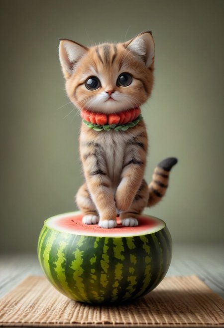 An award winning photo , a cute little baby cat,doing Yoga on a yoga matt in a watermelon costume,, (((cuteness overload))) <lora:add-detail-xl:1>,  <lora:WowifierXL-V2:1>, zhibi