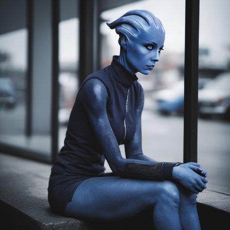 raw photo of a sad Asari teenager waiting for the bus, gloomy, realistic <lora:asari-sdxl-test:0.8>