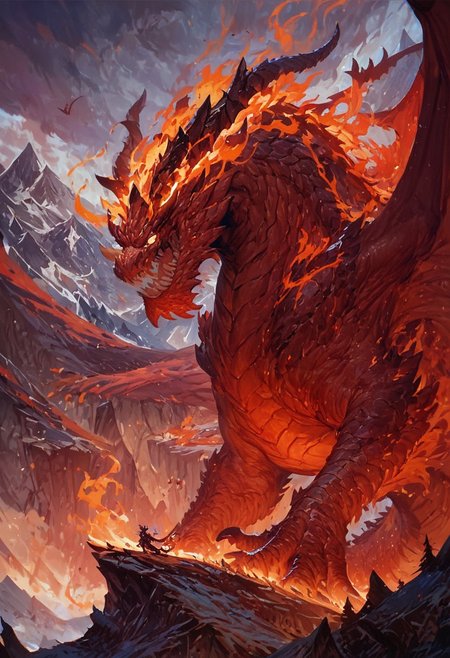 score_9, score_8_up, score_7_up, score_6_up, score_5_up, score_4_up, gigantic dragon, teeth, horns, long tail, wings, mountains, fire aura,fantasy,solo focus,epic