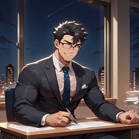masterpiece, best quality, newest, absurdres, highres, male, bara, male focus, 1boy, muscular, v-taper, long torso, narrow waist,Rald, black hair, light brown eyes, suit, glasses, sitting, at desk, nighttime, low light, smirk, papers on desk, see-through clothes, tired, resting