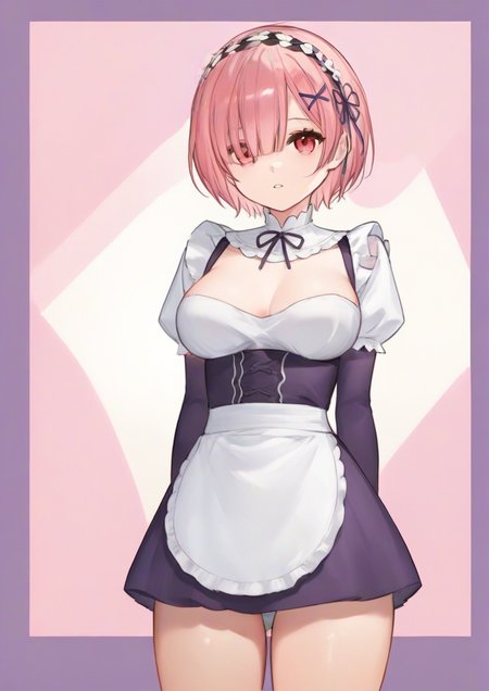 1girl, ram (re:zero), huge breast, arms behind back, black ribbon, breasts, breasts apart, downblouse, frilled shirt collar, frills, hair over one eye, hairband, looking at viewer, maid, parted lips, pink hair, purple ribbon, red eyes, ribbon, roswaal mansion maid uniform, short hair, sidelocks, solo, (zPDXL3:1.5)  <lora:xiaozi_xiaoç¬å­_ç¬:1>