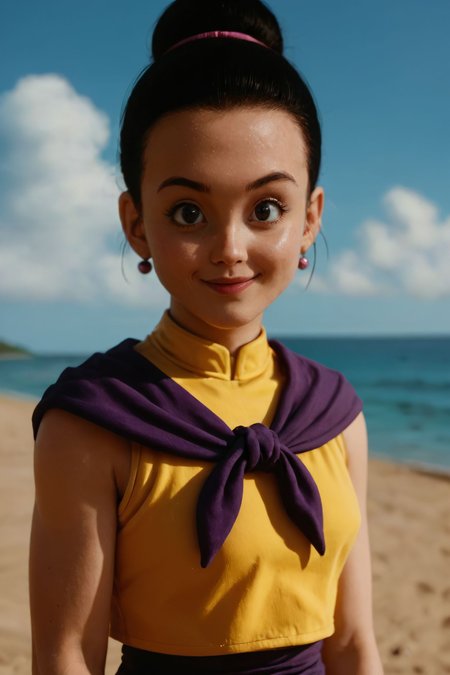 zPDXL3, <lora:chichi_pony_v3e20:.6>
chi-chi, buu saga, black hair, black eyes, single hair bun, yellow chinese dress, purple neckerchief, sleeveless, looking at viewer, smiling, close up, outside, beach, ocean, sunny,