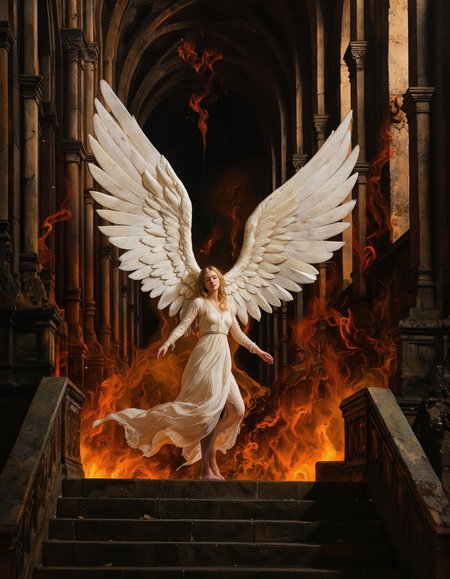 A dark fantasy theme. A photo-realistic shoot from below about a mystical angel with large white wings floating in a fiery, ancient setting. the image also shows a woman in the middle of the image, who appears to be in her mid-twenties, with long, flowing blonde hair and a serene expression. she is wearing a white, long-sleeved dress that flows gracefully around her body, and her wings are spread wide, giving her an ethereal appearance. the woman is standing on a set of stone stairs in a dimly lit, gothic cathedral with tall, arched pillars, surrounded by a warm, orange glow from the flames and smoke. her eyes are closed, and she is looking directly at the viewer, giving a sense of calmness and serenity. her body is slim and her expression is calm, with a hint of mystery. the overall mood is mystical and captivating, with the woman's wings and the fiery background adding to the sense of power and majesty.