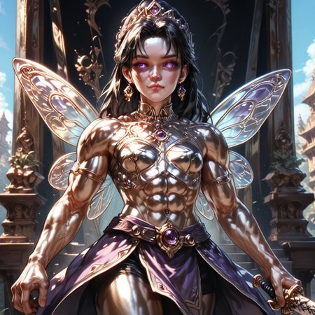 Medium shot, detailed, photorealistic, hyper realistic, score_9, score_8_up, rating_safe, solo ((arch fey, detailed violet eyes, (beautiful woman, underbust armor, skirt, pants, sword belt, and holding a sword), ((bronze metallic gold skin ral-polishedsteel)), ((muscular shoulders, muscular thighs, muscular biceps, small petite breasts)), (fairy wings), (long black hair))), (standing next to a multicolored crystal throne, in a detailed throne room filled with treasures, detailed lighting), hi res, hi quality, 4k, concept art, digital art, realistic, detailed background, lens flare, pixel art, piratical beauty, great lighting