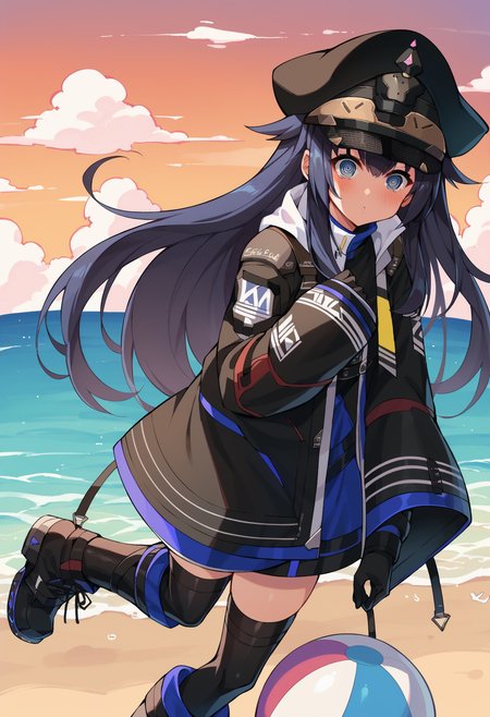 score_9, score_8_up, score_7_up, uncensored, source_anime, 1girl,  <lora:spkarinXLPony-000003:1> karindef, peaked cap, black headwear, black jacket, sleeves past wrists, boots, black thighhighs, spiral eyes, @ @, ball, beach, beachball, blue sky, cloud, day, ocean, outdoors, sky, blush, hand up, holding, looking at another, looking at viewer, parted lips, solo, bashful