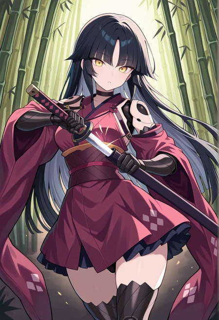 1girl, black hair, long hair, hime cut, yellow eyes, robot joints, humanoid robot, mechanical arms, japanese clothes, thighhighs, mechanical legs, holding katana, outdoors, cowboy shot, bamboo forest, fighting stance, unsheathing,    <lora:kato_danzo:1>, masterpiece, best quality, amazing quality, very aesthetic, absurdres, highres, newest