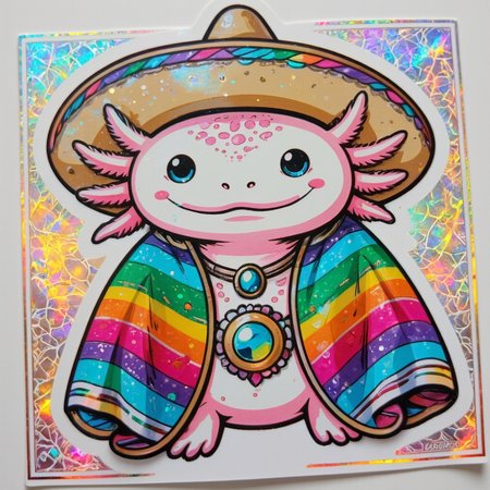 vibrant reflective holographic drawing in the style of ckhg of a simple depiction of an axolotl wearing a sombrero and a poncho with a simply drawn face with smile, with 6 freilly gills and an ornate holographic design back ground<lora:Axomodel_Flux_V1.1.safetensors:1.0:1.0> <lora:ck-holographic-glitter-000015.safetensors:1:1>