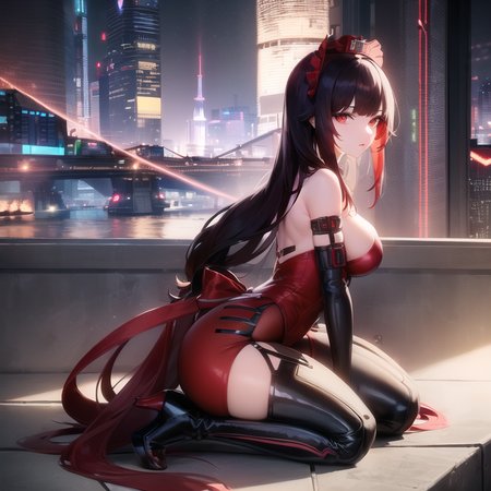 Masterpiece, (photorealistic:1.1), best quality, beautiful lighting, detailed,  RAW photo,  anna, 1girl, solo, bangs, (red_dress), (red_long_gloves), (red_headwear), (maid_red_hair_accessories),   (full body), bare_shoulders,(black_hair), breasts, bridge, hair_ornament, brown_eyes, long_hair, looking_at_viewer, ( to the thigh long _white_boots:1.1),  (cyberpunk city), flower,  <lora:Anna2_TOF_v1.2:1>