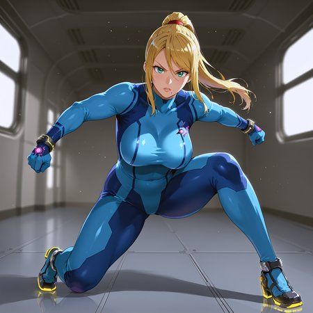takeda hiromitsu style, source_anime, anime screencap, uncensored, dynamic angle, dynamic view, takeda hiromitsu style, dynamic pose, foreshortening, extreme perspective,
sole female, solo, 1girl, samus aran, blonde hair, swept bangs, long hair, ponytail, mole under left lip, turquoise eyes, zero suite, blue body suit, blue gloves, metal bracelets, sagging breasts, medium breasts, skintight, fully dressed, action pose, dynamic pose, determined, superhero landing, dynamic pose, holding gun, complex background, detailed background, inside giant spacecraft, outer space in window, multiple galaxies in the background, giant view of space, giant window with a view of space, view of planets, view of stars, depth of field, blurry background, volumetric lighting, back lighting, side lighting, 3 point lighting, reflective floor, glossy floor, reflective interior,
<lora:takeda_hiromitsu_style_xl_goofy:1.0>, <lora:DynamicPose_alpha1.0_rank4_noxattn_100steps:3.0>, <lora:Superhero_landing:0.5>