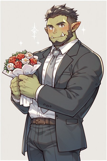 score_9, score_8_up, score_7_up, 1boy, solo, male focus, mature male, orc, green skin, tusks, beard, black hair, muscular, looking at viewer, cowboy shot, formal, black suit, suit, white shirt, collared shirt, grey necktie, long sleeves, smile, blush, holding flower, holding bouquet, standing, simple background <lora:100_one-image-style-LoRA-1 SDXL_LoRA_Pony Diffusion V6 XL:1>