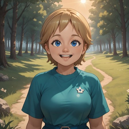 score_9, score_8, BREAK, solo, mii, wii, wii sports resort, 1girl, female mii, cute, blonde hair, black blue eyes, rare eyes, tree shaped nose, open mouth, buck tooth, double chin, chubby, chubby female, dark green clothing, white pants, shoes, Megan_(\Wii_Sports_Resort\), Nintendo Mii, modern_mii, classic_mii, big breasts, sexy pose, self portrait, smile, outdoors, sunlight, shadows, evening lighting, natural lighting, forest, trees, grass, orange sky, sunset