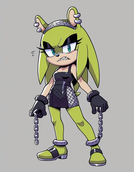 zPDXL, score_9, score_8_up, score_7_up, score_6_up, score_5_up, source_anime, 4k, absurdres, 1girl, solo,
<lora:Surge_v2mini_LoCon:0.8> surge the tenrec, (green fur), (black fur), (two-tone fur), aqua eyes, black eyeshadow, long quills, shaded face, quills down,
sharp teeth, petite, small breasts, (dominatrix wearing Chainmail bralette with draped chains, chainmail skirt with slit, chainmail headpiece, chainmail anklets, leather gloves, metal chain leash with a leather handle), frown, angry, looking at viewer,