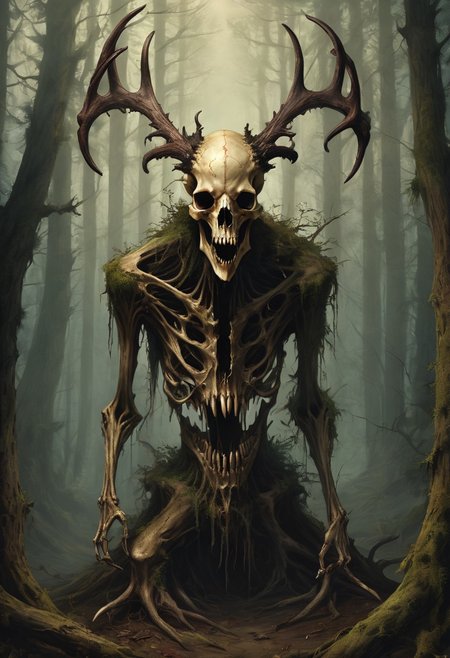 something unholy this way comes, a nightmare, an evil creature borne of the forest, (a decaying wendigo, animal skull, bones), detailed, high resolution, eerie, atmospheric, foreboding, unsettling, linquivera,