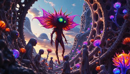 {"T5": ",A hyperrealistic photograph in 16:9 landscape format, set in a sprawling futuristic megacity at dusk, with the peculiar alien as the main subject, its deep crimson translucent skin glistening under the vibrant nightlife lights, tribal tattoos visible on its arms and torso, floating ethereally with multiple rainbow eyes gleaming, long thin antennae protruding from its head, spiked limbs and visible cybernetic implants, amidst a diverse population of humans and other aliens, with humans wearing modest clothing, covered from shoulder to ankle, and displaying expressions of curiosity and wonder, the scene is filled with bizarre alien plants, including glowing mushrooms, iridescent flowers, and towering, slender trees with leaves that shimmer like stained glass, the camera angle is low, looking up at the alien, with the megacity's vast buildings and complex transportation systems visible in the background, the image is highly detailed, with intricate textures, and the rule of thirds is applied to create a unique composition,", "CLIP-L": ",hyperrealistic, futuristic megacity, peculiar alien, deep crimson translucent skin, tribal tattoos, floating, multiple rainbow eyes, long thin antennae, spiked limbs, cybernetic implants, bizarre alien plants, glowing mushrooms, iridescent flowers, towering trees, diverse population, vibrant nightlife, modestly dressed humans, curious and wondering expressions, 16:9 landscape format, highly detailed, intricate textures,"}
<lora:alienplants-000015:0.85>
