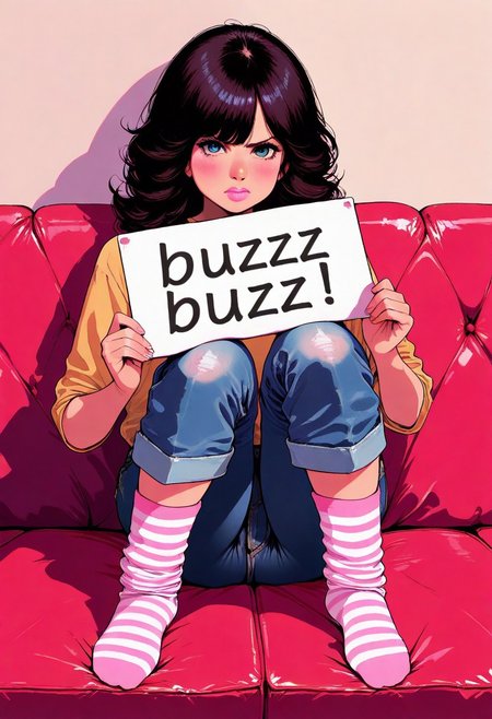 masterpiece, newest,absurdres,incredibly absurdres, best quality, amazing quality, very aesthetic, realistic face,1970s \BUZZ(style\), 1girl, cutoff jeans, white couch, sitting on couch, leg support, knees up, striped socks, missmatched socks, no shoes, pink lips, serious, holding sign with both hands,