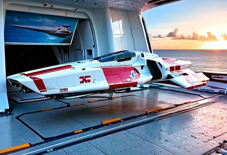 photograph, smooth, sleek, white and red (WipEout anti-gravity craft), (split-front:1.3), parked in a hangar, door open, tropical island, ocean, beach, blue sky, sunset, sharp, high detailed, realistic, scifi, futuristic, science fiction, sharp focus, masterpiece, best quality