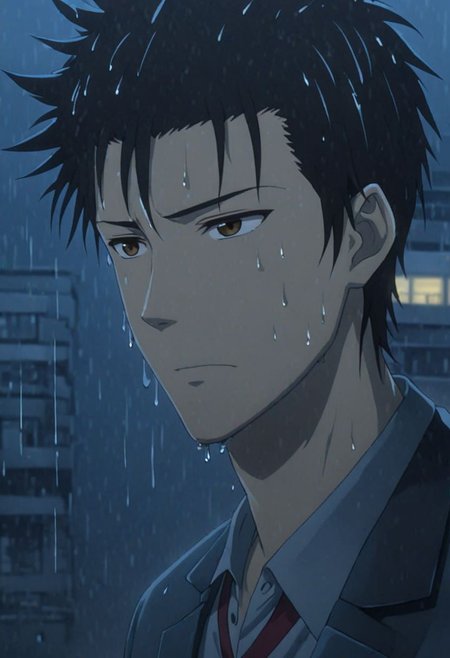 Highres, Masterpiece, High Quality, 4K, 8K, solo, 1Boy, Soujirou Agata, brown eyes, black hair, wet, slippery, heavy rain, dark, looking down, sad, heartless, wet hair, city night, easynegative, detailed_eye_model