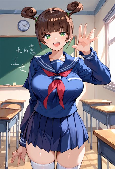 score_9, score_8_up, score_7_up, source_anime BREAK 1girl, solo, stgl_june, cowboy shot, school uniform, serafuku, thighhighs, large breasts, brown hair, twintails, blunt bangs, hair ring, green eyes, looking at you, smile, open mouth, waving hand, classroom <lora:stgl_june:1>
