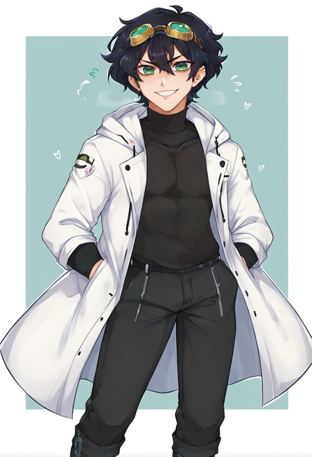 <lora:Spookiebuni_Artist_Style_PDXL:0.8>, score_9, score_7_up, source_anime, BREAK, smile, 1boy, green eyes, short hair, black hair, bangs, hair between eyes, messy hair, (goggles on head:1.2), headband, white coat, hooded coat, hood down, open coat, black turtleneck, capri pants, layered pants, black knee boots,