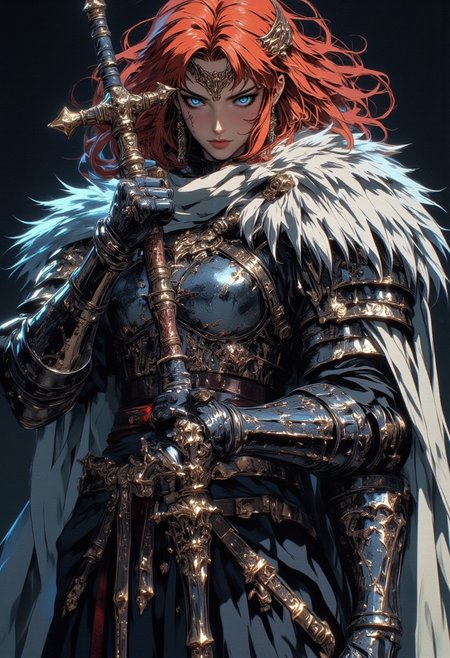 An elegant, red-haired female warrior with knee-length wavy hair and glowing clear green eyes. She wears a white medieval combat suit with black pants, paired with a black adventurer’s leather ensemble and shoulder armor. Her figure is athletic and toned, showcasing strong leg and arm muscles. She stands confidently, holding a fantasy melee weapon. Her detailed armor combines metal and fur, exuding nobility and strength, with intricate ornaments and a shoulder cape. The scene features cinematic lighting, with ultra-detailed skin and eyes that reflect both beauty and power.