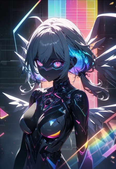 gorgeous lips, cinematic, (masterpiece), (best quality), (ultra-detailed), very aesthetic, illustration, perfect composition, intricate details, absurdres, detailed face, (anime, masterpiece, intricate:1.3), (best quality, hires textures, high detail:1.2), (4k),(incredibly detailed:1.4) 
Hologram girl, hologram, no humans, outline only, wireframe, glowing wireframe, pretty girl, rainbow hologram,  futuristic, transparent body, void body, only outline neon tube, twintails, low twintails, fluffy hair, rainbow colors, small wings, aesthetic grid, silhouette ,more_prism background, vibrant color, more_details:1.5