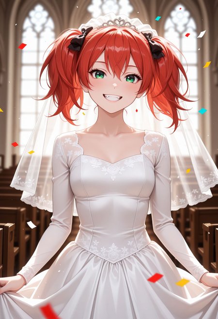 masterpiece,best quality,absurdres,highres,very aesthetic,high quality,detailed,insanely detailed,beautiful,perfect lighting, ,depth of field,blurry background,
looking at viewer, grin, 
 <lora:Shuzen Kokoa illu:1> 1girl, twintails, red hair, green eyes, long hair, fang, long sleeves,wedding dress, veil, church, (confetti:1.1), smile, open mouth, white dress, wedding dress), indoors,