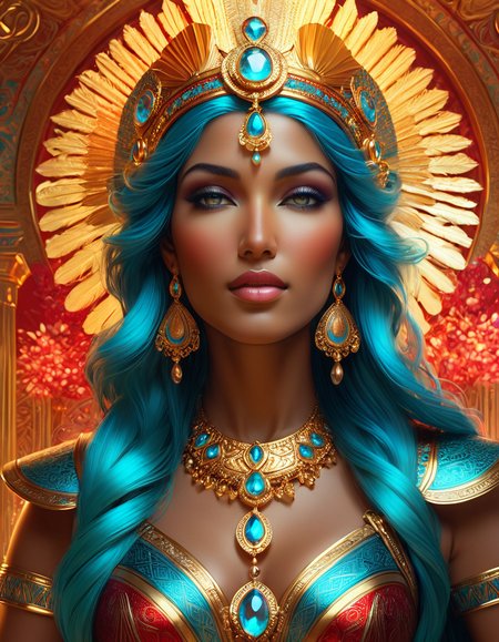 cinematic, illustration, art by artgerm/greg rutkowski/alphonse mucha, smooth, sharp focus, intricate, highly detailed, digital painting, artstation, concept art, halation, bloom
[Cleopatra: Nefertiti: 0.85], Queen of the Ptolemaic Kingdom of Egypt, glowing eyes, illuminated iris, beautiful face, sublime aura, wax figure, intricate jewelry, stunning beauty, lushious hair, beads in hair, beautiful background, golden ratio, 
volumetric lights, red and cyan theme, amazing light reflection, amazing refraktion, subsurface scattering
<lora:detailed_notrigger:0.8> <lora:DonMM1y4XL-v2rb:0.8> DonMM1y4XL  <lora:Ethereal_Grace:0.2>