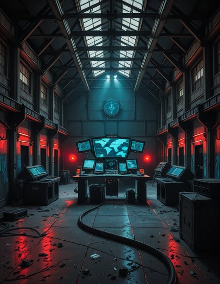 A dark, abandoned warehouse transformed into a villain's secret lair. The structure is massive and industrial, with rusted steel beams, shattered windows, and crumbling concrete walls covered in old graffiti. The floor is dusty and cracked, with scattered debris and oil stains. Dim red and blue lights glow from hidden sources, casting eerie, atmospheric shadows throughout the space. In the center, a high-tech command station glows with holographic maps, control panels, and futuristic computer screens. Advanced equipment, weapons racks, and strange scientific devices are neatly arranged on steel tables. Thick black cables snake across the floor and dangle from the ceiling. Makeshift metal dividers and reinforced crates create hidden zones for operations and storage. The setting is cinematic, mysterious, and tense, with dramatic lighting, high contrast between dark corners and glowing tech, and a realistic, moody art style â like a scene from a dystopian sci-fi thriller. No people or figures are present. 
<lora:SDXLFaeTastic2400:0.4> <lora:extremely_detailed:0.4> extremely detailed,villain secret l41r, <lora:villain_secret_l41r-i:1>, Masterpiece,best quality,hi res,8k,hi res,8k,award winning,(sharp focus, intricate, highly detailed),