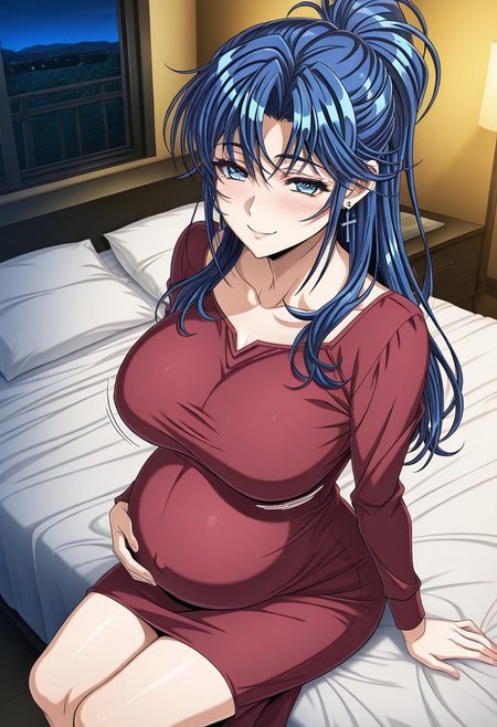 masterpiece, best quality, newest, highres, uncensored, 1girl, yokota mamoru style,1girl, slender face，motion lines,blush,torogao,looking at the viewer,seductive smile
Kouno Asami,Blue Hair, Curtained Hair, Long Hair, Ponytail, Spiky Bangs, Straight Hair,Blue Eyes,Medium Breasts, Slim, Cross Earrings
1girl,solo
1girl, pregnant, solo, long hair,, blue eyes, smile, blush, dress, bed, big belly, sitting, night, looking at viewer, huge breasts