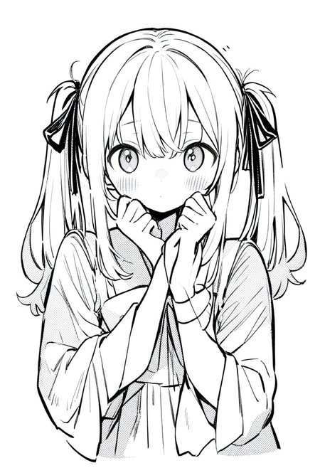 1girl, greyscale, solo, monochrome, twintails, simple background, long hair, looking at viewer, ribbon, white background, blush, hair ribbon,
kzit,