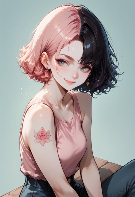 score_9, score_8_up, score_7_up, score_6_up, realistic, Sabrina, SabrinaRH,, short hair, bobcut, ((MIX OF pink AND BLACK HAIR) split hair, two-tone hair, multicolored hair) curled hair tips, parted bangs, blue eyes, medium breasts, pale skin, earrings,, arm tattoo, small lotus tattoo on right shoulder, , sitting in a bench, side view , high angle view, face closeup, wide arms, (pink) camisole, denim pants, earrings, looking away, sunny, relaxed expression, little smile