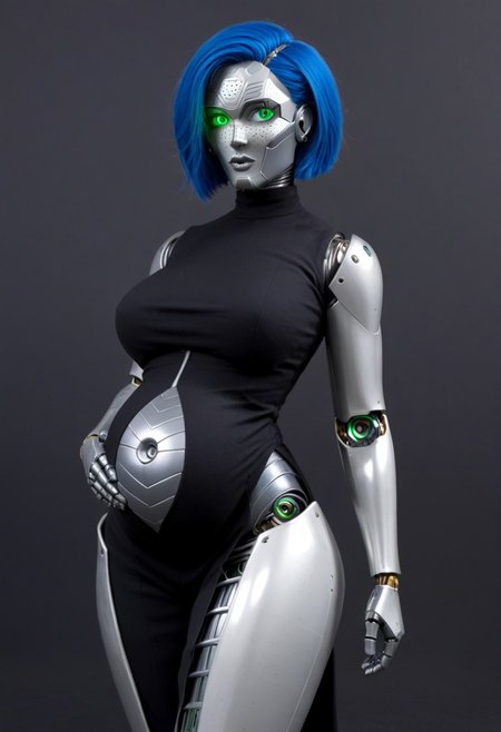 solo, A 35mm photo of  a beautiful 20 year old woman, she is a humanoid robot , robotic body, emerald green robotic eyes, freckles, smooth featureless silver grey robotic skin, robotic aerials, metallic dark blue hair, elegant black jumpsuit with white trim, small pregnant tummy
TheFaceLess