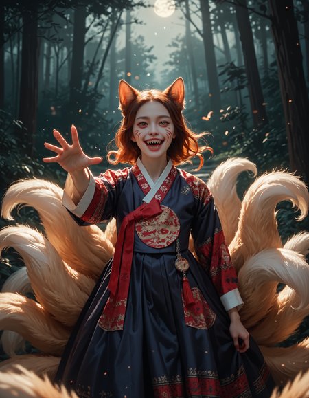 score_9, score_8_up, score_7_up, score_6_up, score_9, score_8_up, score_7_up, score_6_up, 1girl, dark blue hanbok, red ribbon, patterned hanbok, foxgirl, furry, sharp teeth, reaching towards viewer, beckoning, nine tailed fox, (multiple tails:1.2), at night, forest, horror theme, dramatic lighting, very clear image, detailed face, detailed character design, ultra-high resolution, perfectly composed, clear, breathtaking attention to detail, highres, ultra detail, 8k wallpaper,