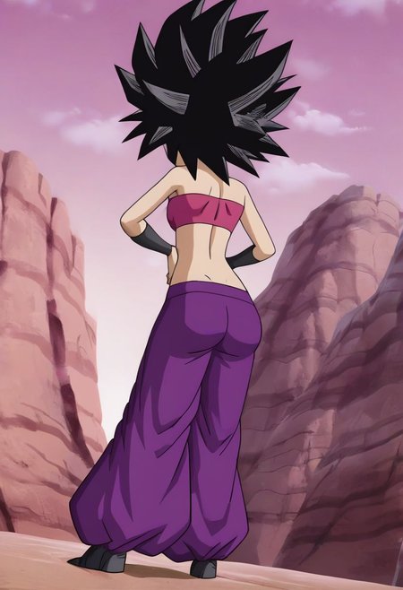 source_anime, score_9, score_8_up, score_7_up, anime screencap,
1girl, solo, looking at viewer, smile, black hair, closed mouth, black eyes, butt, butt focus, sky, day, blue sky, spiked hair, portrait, close-up, masterpiece, anime coloring, tube top, harem pants, caulifla, light skin, no pupils, from below
 <lora:caulifla_pony_v1:0.8>