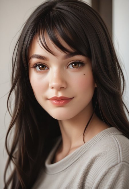 score_9, score_8_up, score_7_up, score_7, score_6_up, solo, 1dk, portrait, close up, zoom in, face focus, 
raw, realistic, d3t41l3d, side view, 
1girl, Mei Lin, 24-year-old, Asian, pale skin, slender, long hair, straight hair, black hair, dark brown eyes, beauty mark, delicate features,
casual, black leggings, loose sweater, gray sweater, white sneakers,
standing, confident, smiling warmly,
in a cozy apartment, modern apartment.