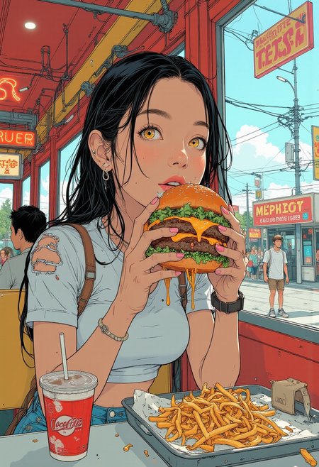 A stunning young woman with radiant skin and long, wavy dark brown hair sits at a window booth in a bustling fast-food restaurant. Her hazel eyes light up as she holds a juicy burger with layers of beef patties, melted cheese, crisp lettuce, and sauce dripping slightly. Her nails, painted a soft pastel pink, complement her casual yet stylish outfit—a white crop top, high-waisted ripped jeans, and white sneakers.
The restaurant features vibrant red-and-yellow decor, glowing neon signs, and the lively chatter of other diners. On the table is a tray with golden French fries in a red carton and a large soda cup glistening with condensation. Sunlight streams through the window, highlighting her relaxed expression as she takes a bite, savoring the simple pleasure of a delicious meal in an energetic setting.
<lora:Blue_Future:0.9> <lora:Flux.1_MechanicalBloom:0.5> <lora:gggee_epoch_5:0.7> <lora:ck-nc-luminal-genesis:0.9>
 <lora:dreadmirth-style-art:0.4> dreadmirthart