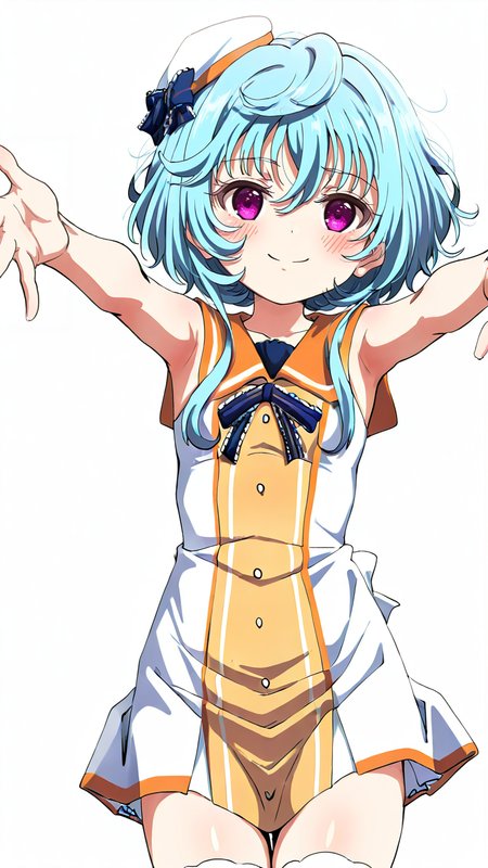 white_background,simple background,1girl,solo,full_shot,looking_at_viewer,<lora:Maryberry_Illustrious_v8:1>,Maryberry,Maryberry-idol,white_thighhighs,blush,anime screenshot,sincos,smile,armpits,reaching_out,spread_fingers,, masterpiece, best quality